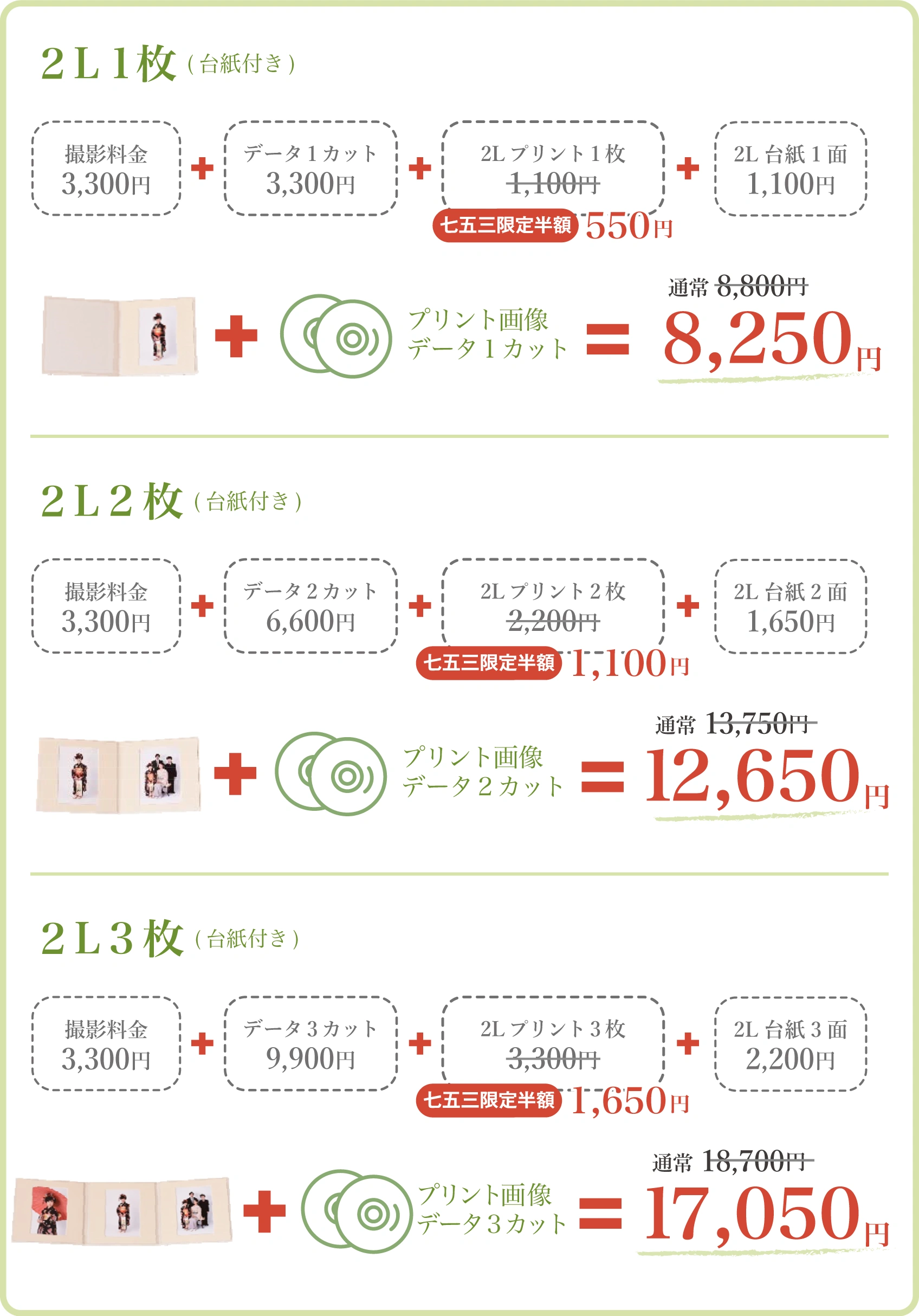 着物レンタル 七五三記念写真 2L写真セット料金