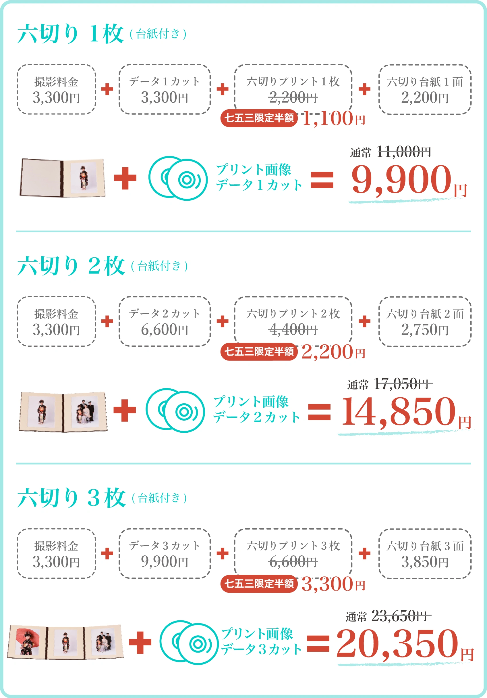 着物レンタル 七五三記念写真 六切り写真セット料金