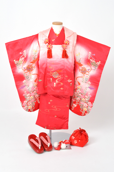 三歳女児祝着[赤ぼかし・手毬に折り鶴]