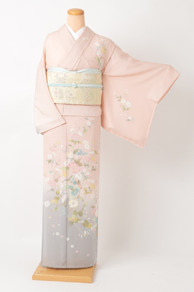 訪問着[ピンクベージュ・グレーぼかし花模様]