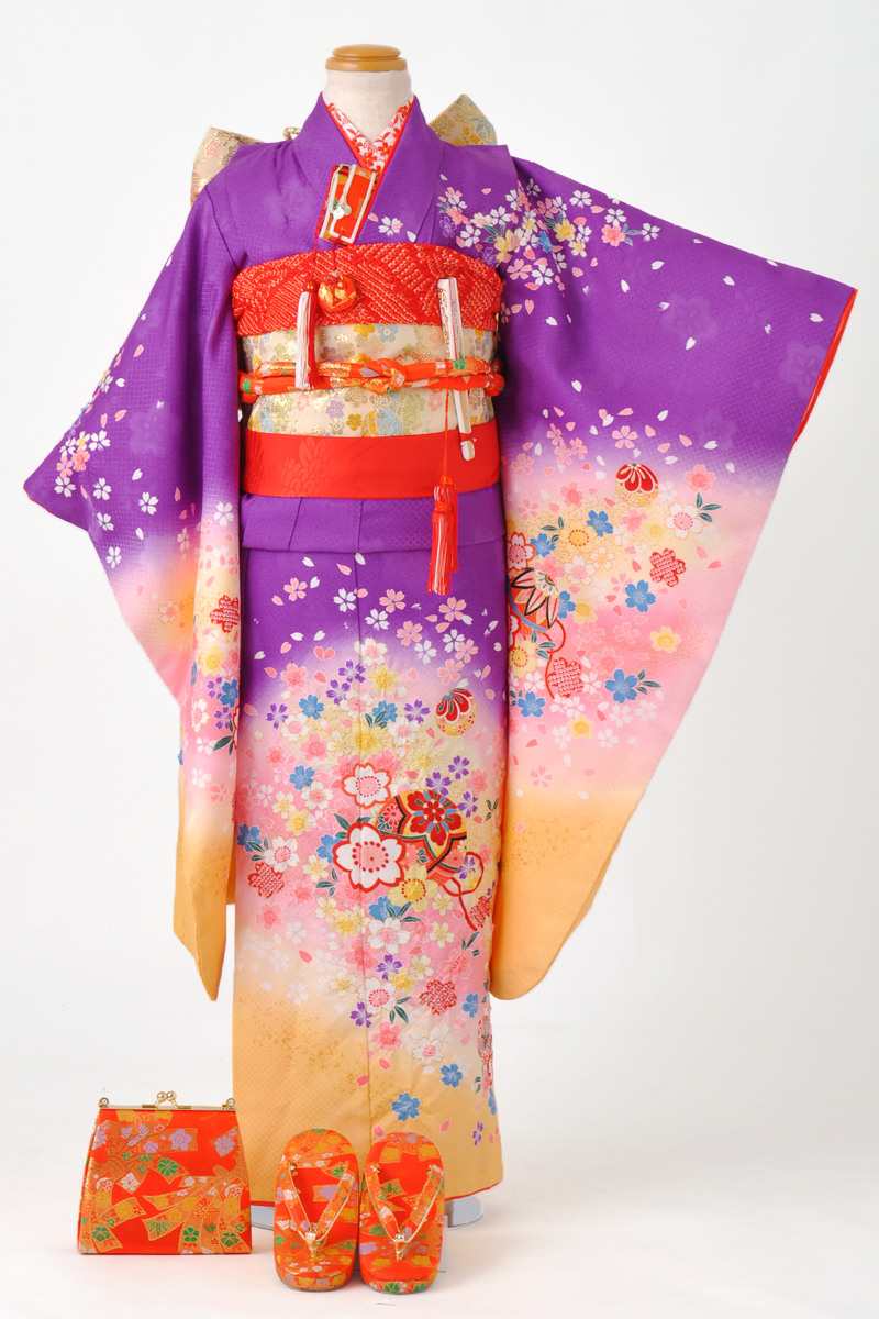 七歳祝着(紫に黄色のボカシ地・桜とてまり)
