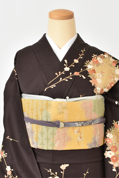 訪問着[濃茶・ゴールドに梅]