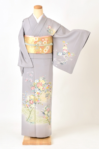 訪問着[グレー・牡丹]