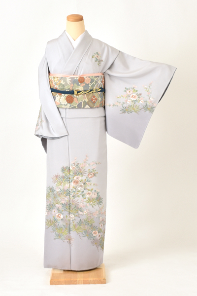 訪問着[グレー・扇面松刺繍]