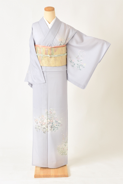 絽訪問着[薄花色・秋草]