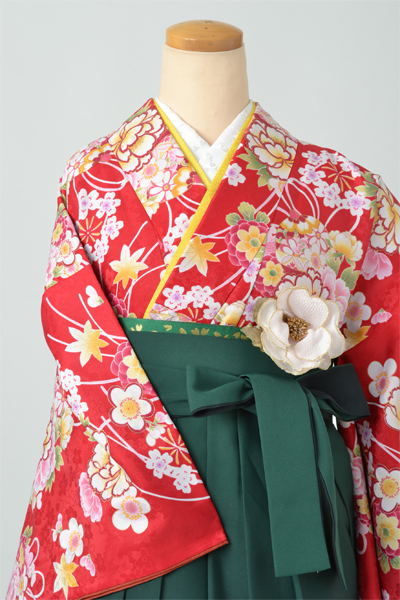 卒業袴(赤くす玉中振袖・バラ刺繍緑の袴)｜着物レンタルあき (来店 