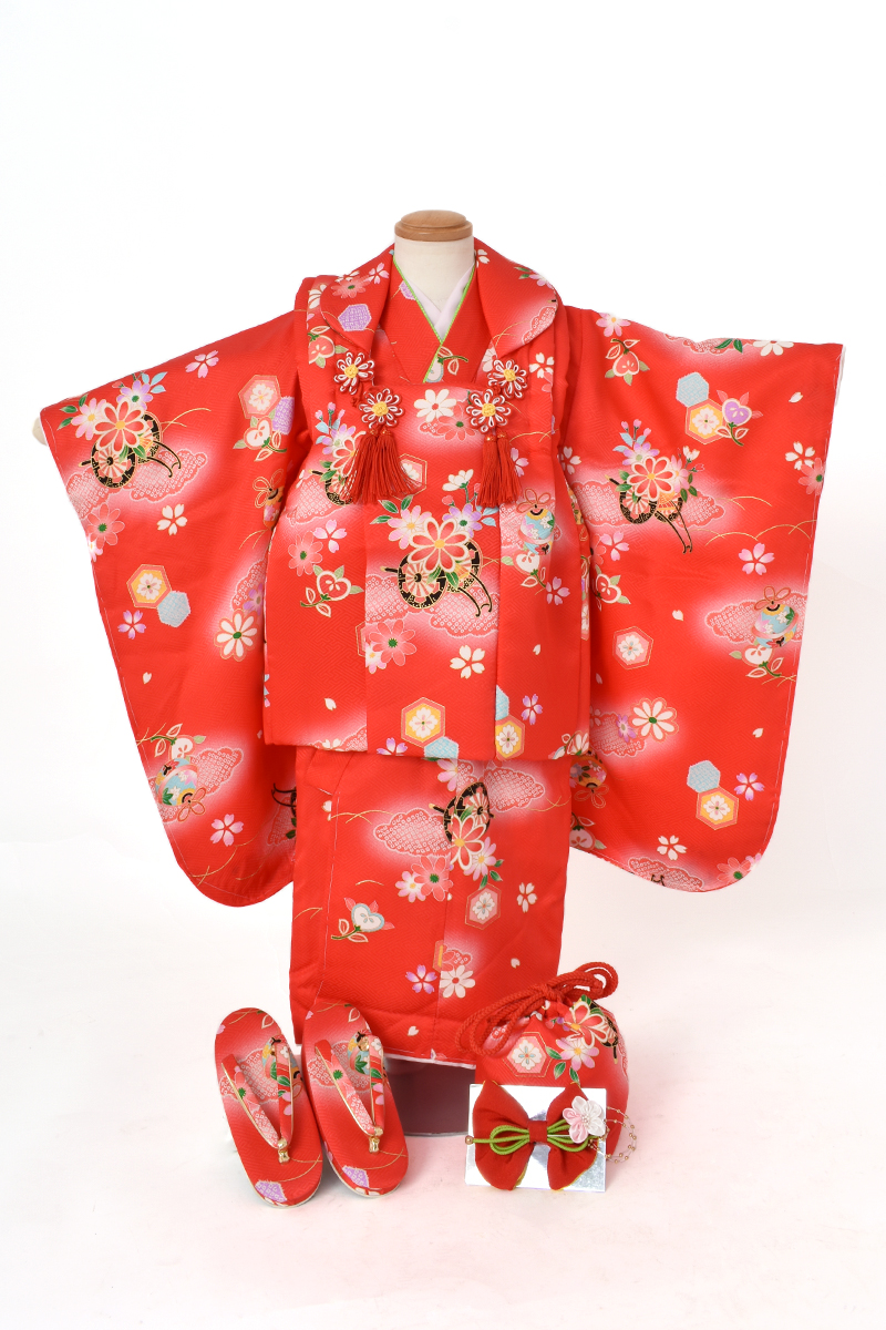 三歳女児祝着【赤色に花車】