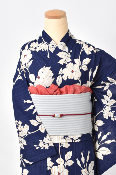 浴衣[濃藍／縞・椿]