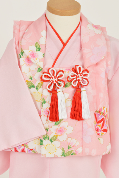 一歳女児被布【桜色の着物に桜と手毬模様の被布】