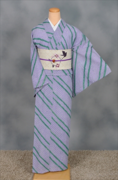 着物風浴衣(紫×緑・総絞り)