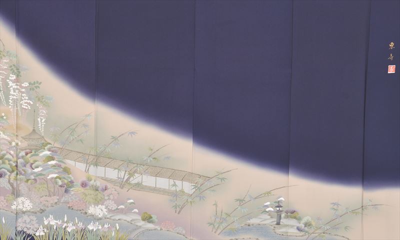 色留袖(紺のボカシ地・庭園風景)
