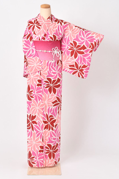 ゆかた 赤 ピンクの花 ピンクコーディネート 着物レンタルあき 来店着付け無料 全国配送無料