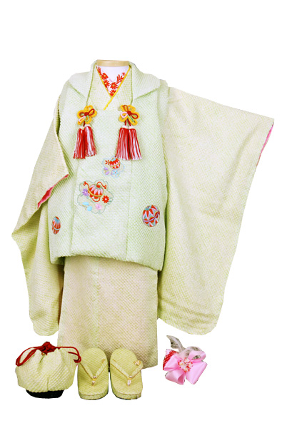 三歳被布セット 正絹若草匹田絞り(手まりと花の刺繍)