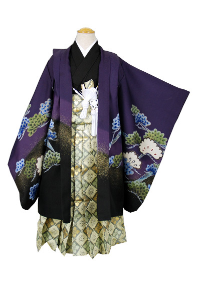 五歳祝い着セット 紫地裾ぼかし(松に鷹)袴金茶と抹茶色