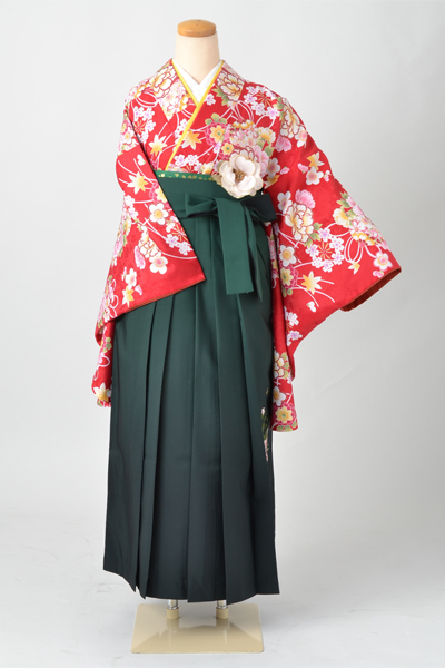 卒業袴(赤くす玉中振袖・バラ刺繍緑の袴)