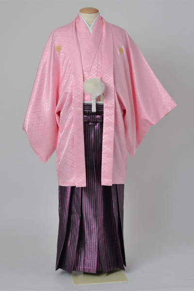 成人式振袖レンタル 男物紋付・羽織(ピンク・紋付・紫ラメ仙台平袴)