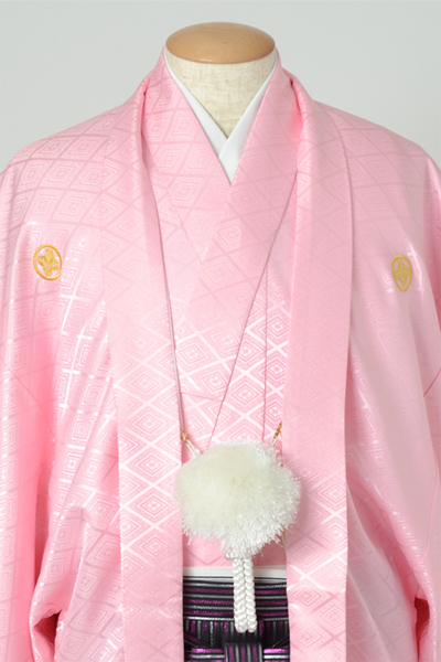 男物紋付・羽織(ピンク・紋付・紫ラメ仙台平袴)