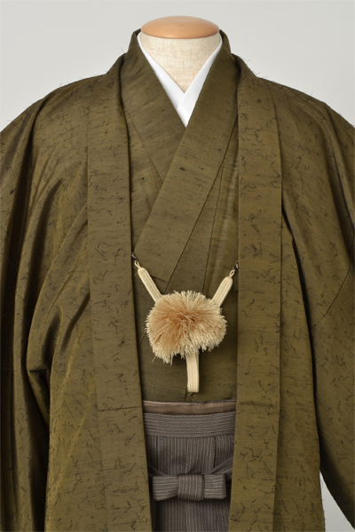 紬アンサンブル袴s-ms012の袴付[うぐいす茶のひげ紬]｜着物レンタル 