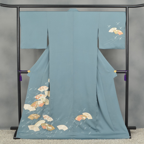 ひとえ 訪問着 花浅葱色地に地紙扇面 着物レンタルあき 来店着付け無料 全国配送無料