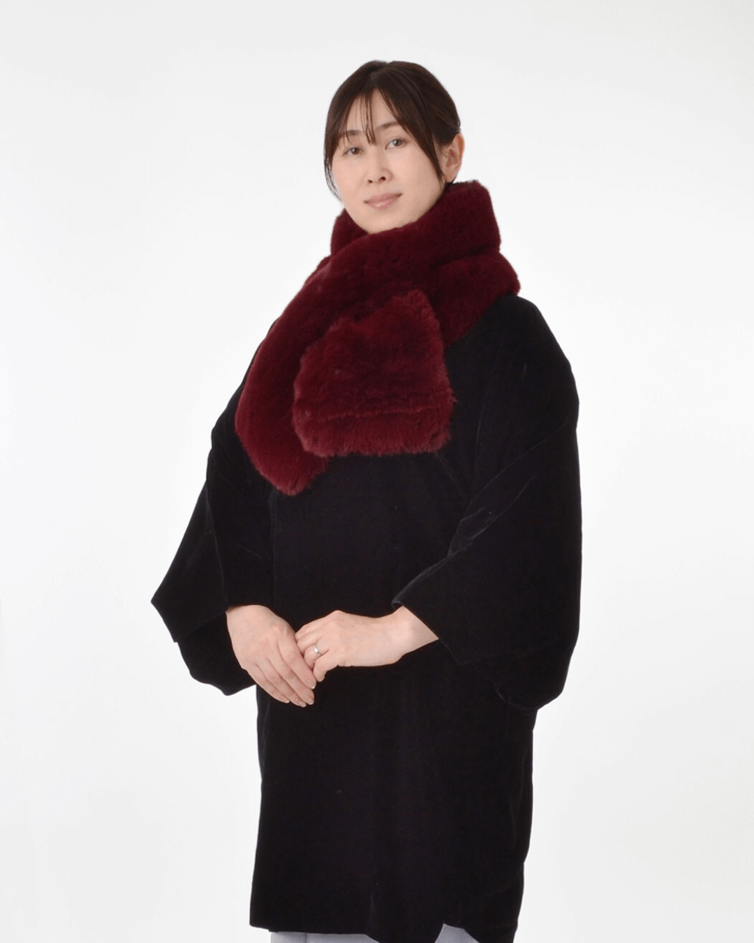 着物とベルベット道行コートにファーを合わせて防寒