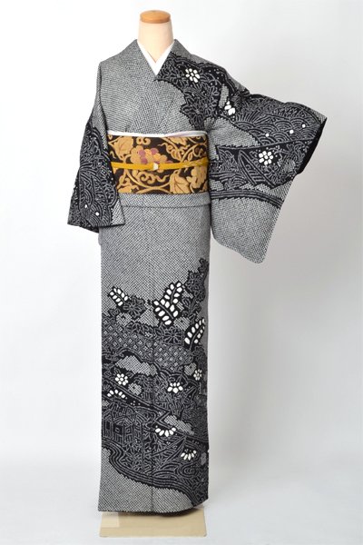 訪問着 黒地 総絞り